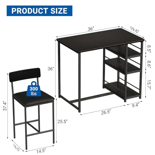 

Black 3-Piece Counter Height Dining Set With 2 Padded Bar Stools For Compact Living Spaces And Apartments