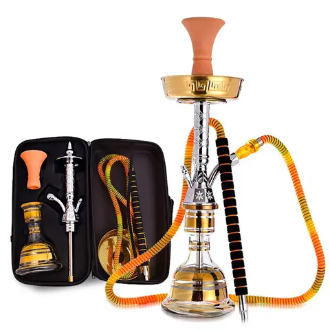 Egyptian Zinc Alloy Hookah Set Single Hose Arabic Shisha Complete Kit Golden Glass Base Clay Bowl Travel Chicha Water Pipe