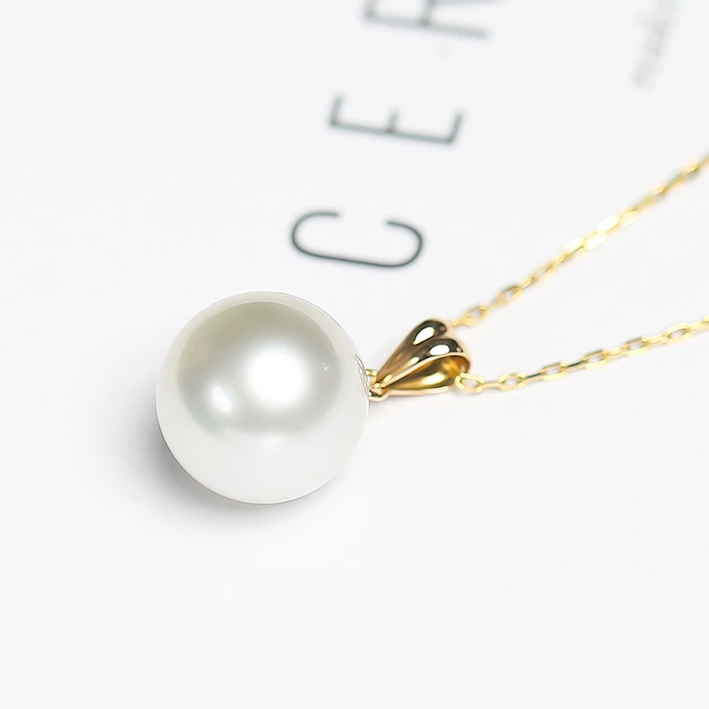 Real 18k Gold White Natural Freshwater Round Pearl Necklace Anniversary Gift