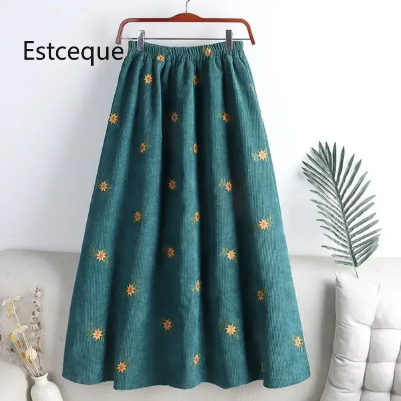 

Corduroy Embroidery Women Skirts Autumn Winter New Arrival Floral Skirts Female High Waist Slimming Mid-calf Skirts for Women