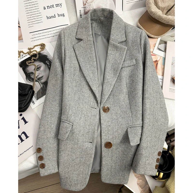 Elegant Grey Herringbone Women Blazer Wool Blend Single Breasted Coat Peak Lapel Longline Office Lady Vintage Outerwear Top