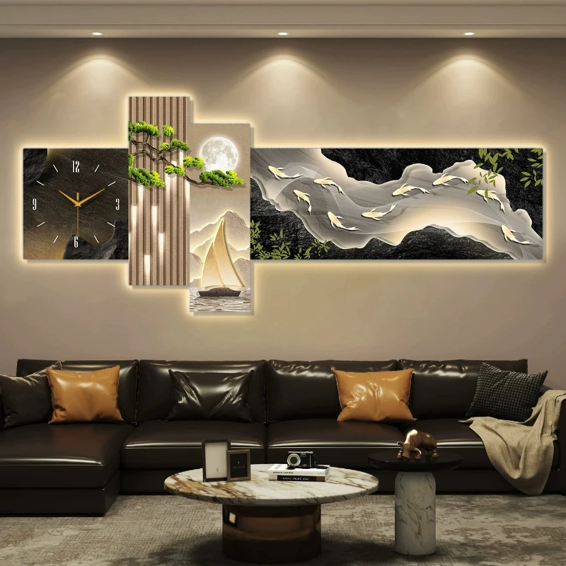 Light Luxury Nine Fish LED Watch Living Room Decor Artwork Electronic Screen Clock New Creative Wall Clock Wall Light Home Decor