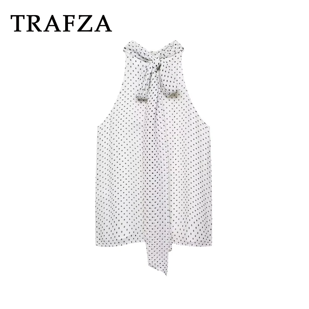 

TRAFZA Chic Sexy Black Dot Bow White Sleeveless Woman Top Fashion 2025 Summer Party Vest Elegant Lace-Up Halter Casual Upperwear