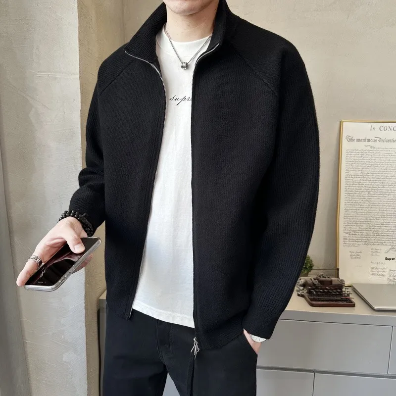 

Корейский модный мужской свитер-кардиган с воротником-стойкой, повседневный, из смесового хлопка, с длинными рукавами, дышащий, осенняя верхняя одежда