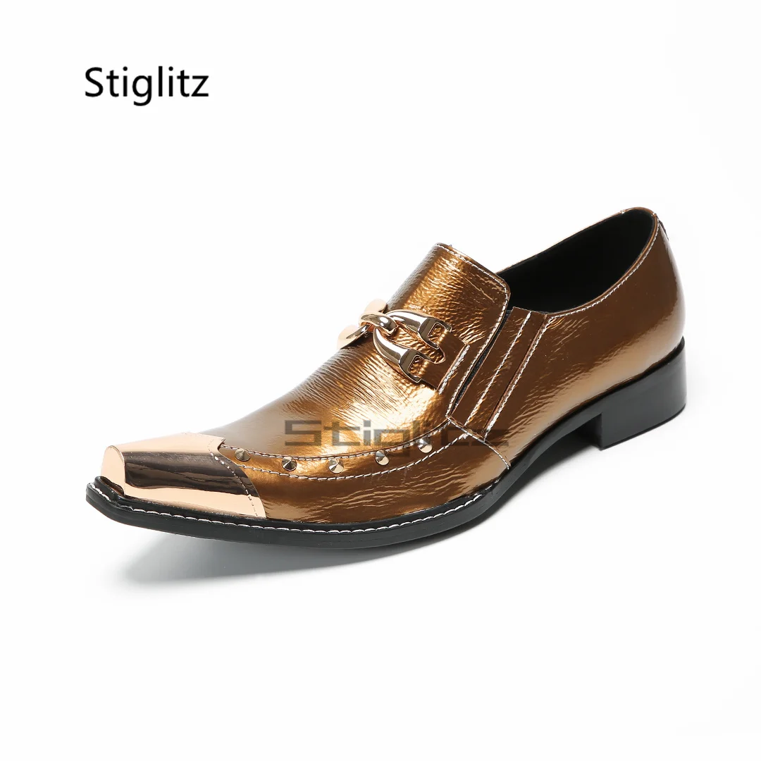 Men's Rivets Gold Leather Shoes Trendy Genuine Leather Buckle Dress Low Heel Metal Pointed Toe Casual Business Banquet Shoes