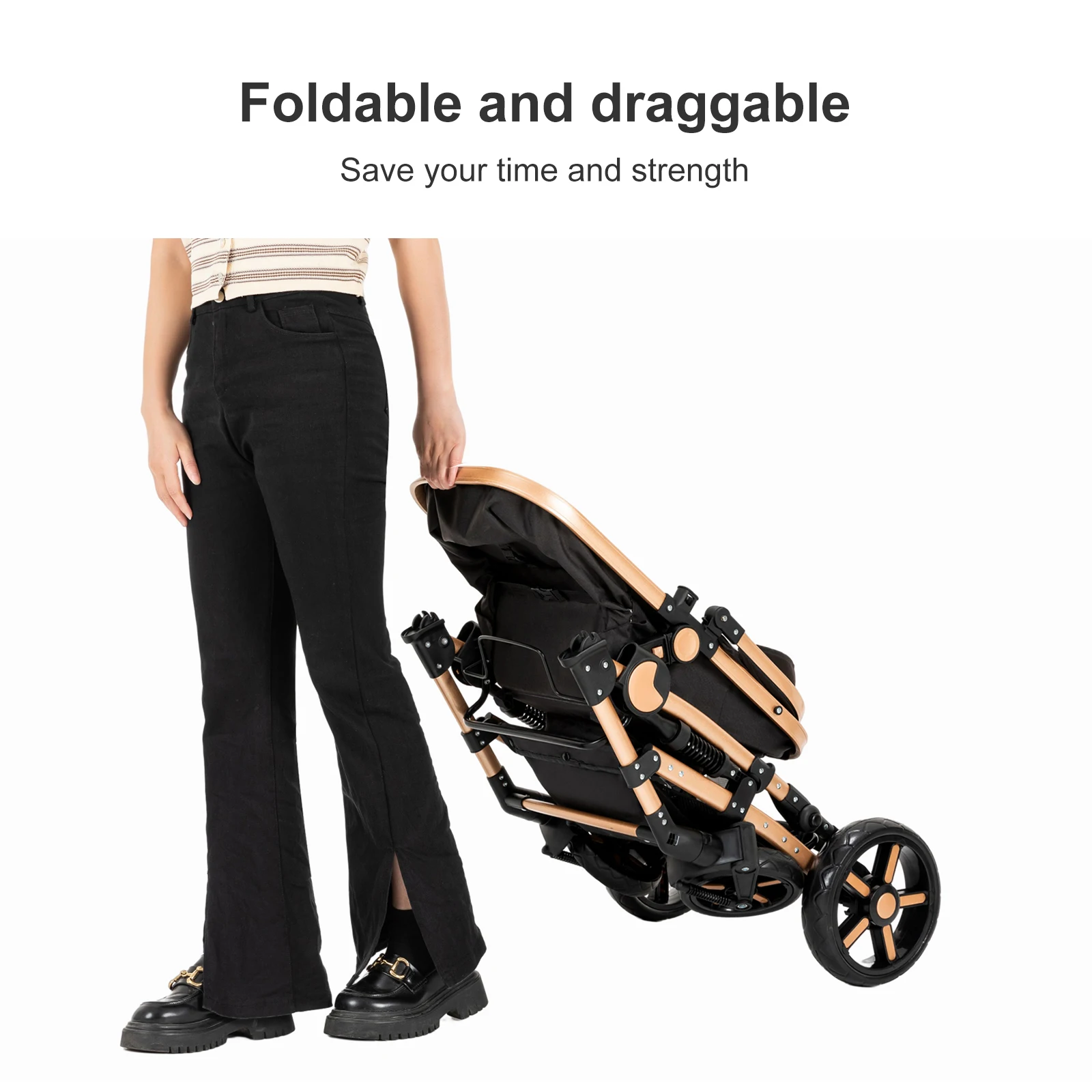 Système de poussette de voyage 3-en-1, landau convertible réversible avec siège auto pour bébé, harnais de sécurité à cinq points, frein à un pied, roues EVA à grand diamètre amortissantes, cadre en aluminium léger
