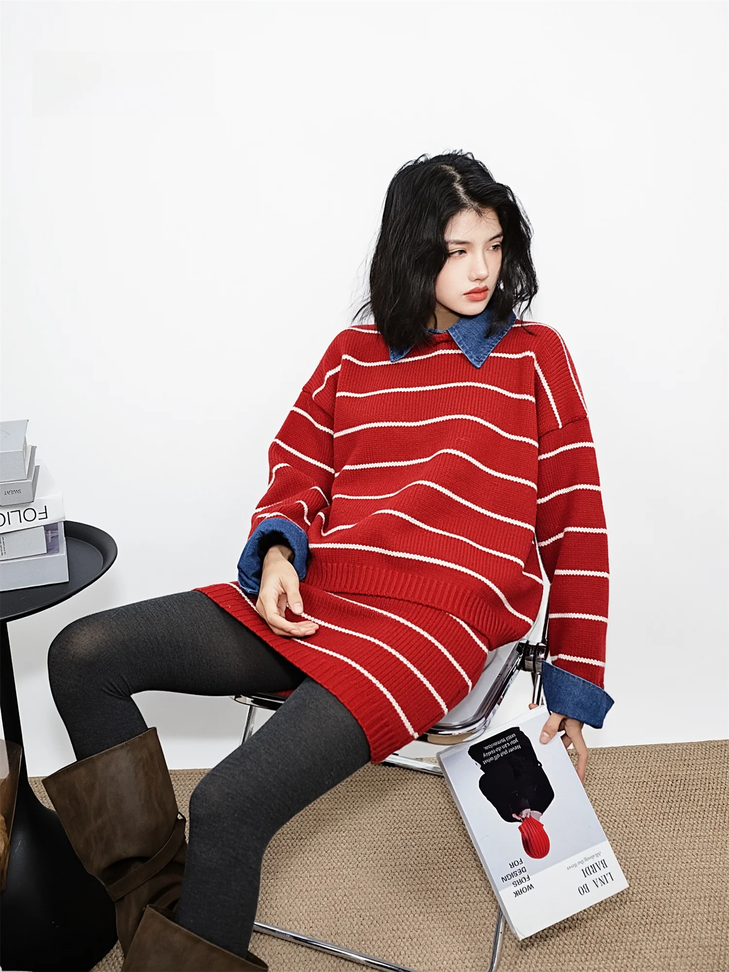 

Red Striped Fake Two-Piece Knit Sweater Short Skirt Set Women's Lazy Style Winter Fashion Ensemble Warm Loose Fit All Gender