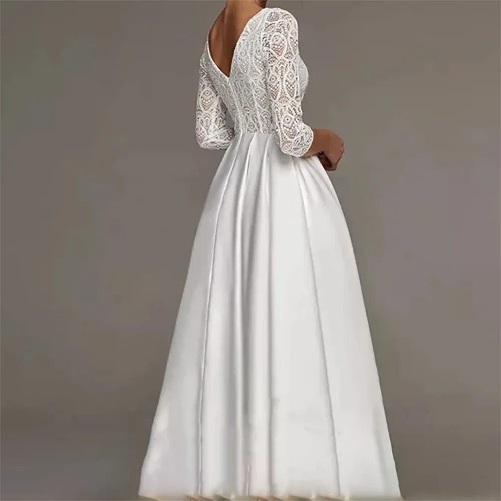 Klassieke V-hals Kanten Plooi Volledige Mouw A-lijn Bruid Trouwjurken Bruidsjurken Op Maat