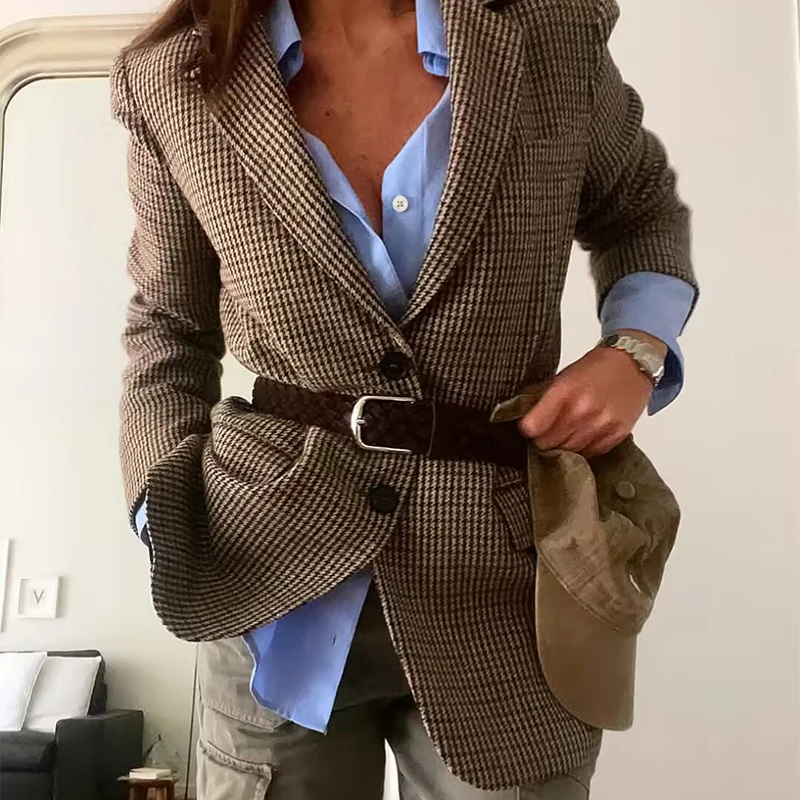 Damesmode Blazer 2025, Dames Herfst Houndstooth Revers Blazer Herfst Winter Commuter Werkkleding Dames Blazers Trafizaran