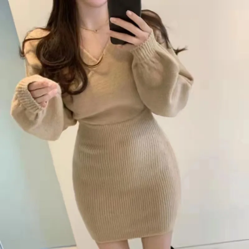 2023 Spring Autumn Sexy Cross V-neck Wrap Hip Dresses Women\'s Knitted Sweater Dress Fashion Tight Short Dress