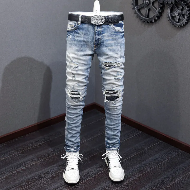 

Designer fashion new men's jeans stretch slim fit washed blue ripped patch jeans high street hip-hop brand pants men's style