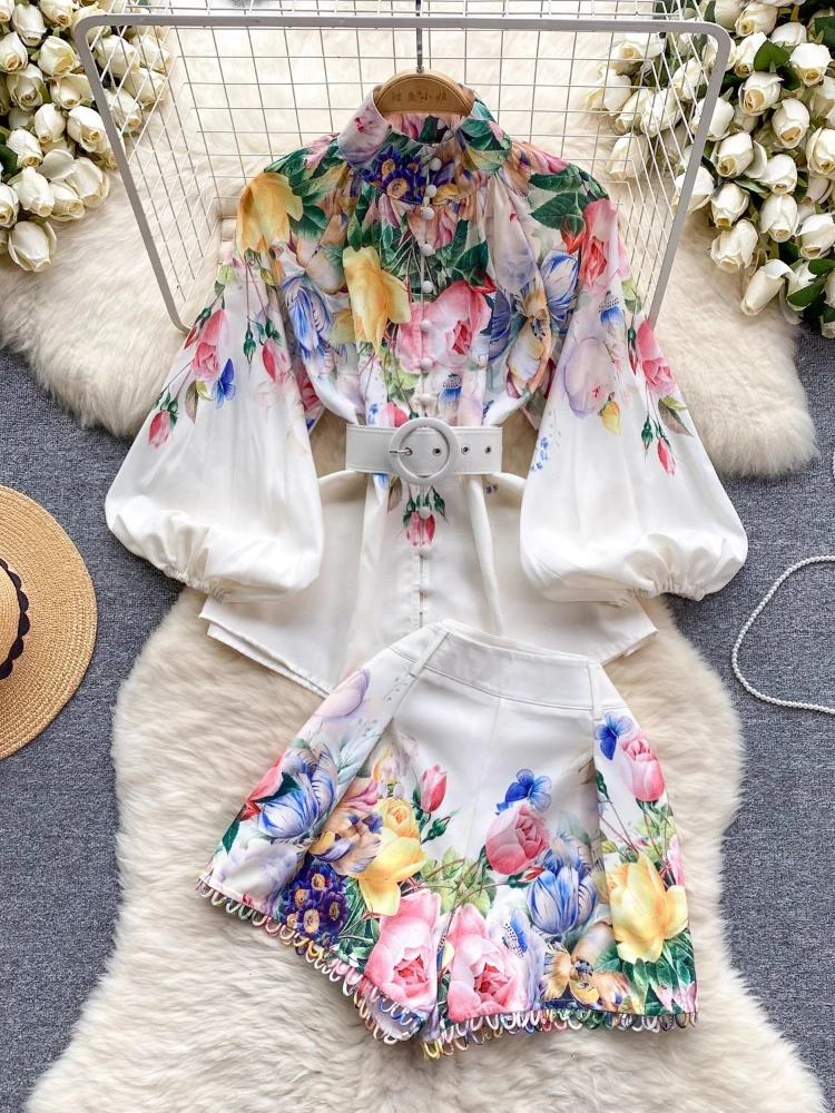 Wiosna Vintage Dwuczęściowe zestawy damskie Elgeant 3/4 Rękaw Flroal Koszula Top Wysoka talia Szorty z nadrukiem Garnitury Moda damska Stroje