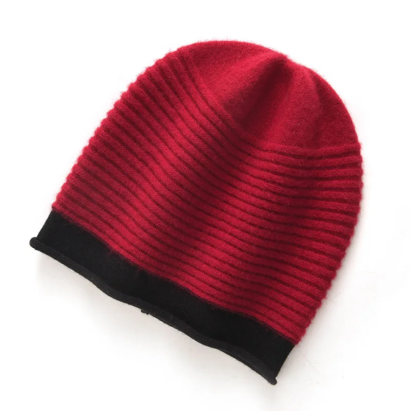 

100% Cashmere Hat Women's Super Soft Rolled Edge Pullover Hat Autumn/Winter New Casual Wool Hat Thick and Warm Contrasting Color