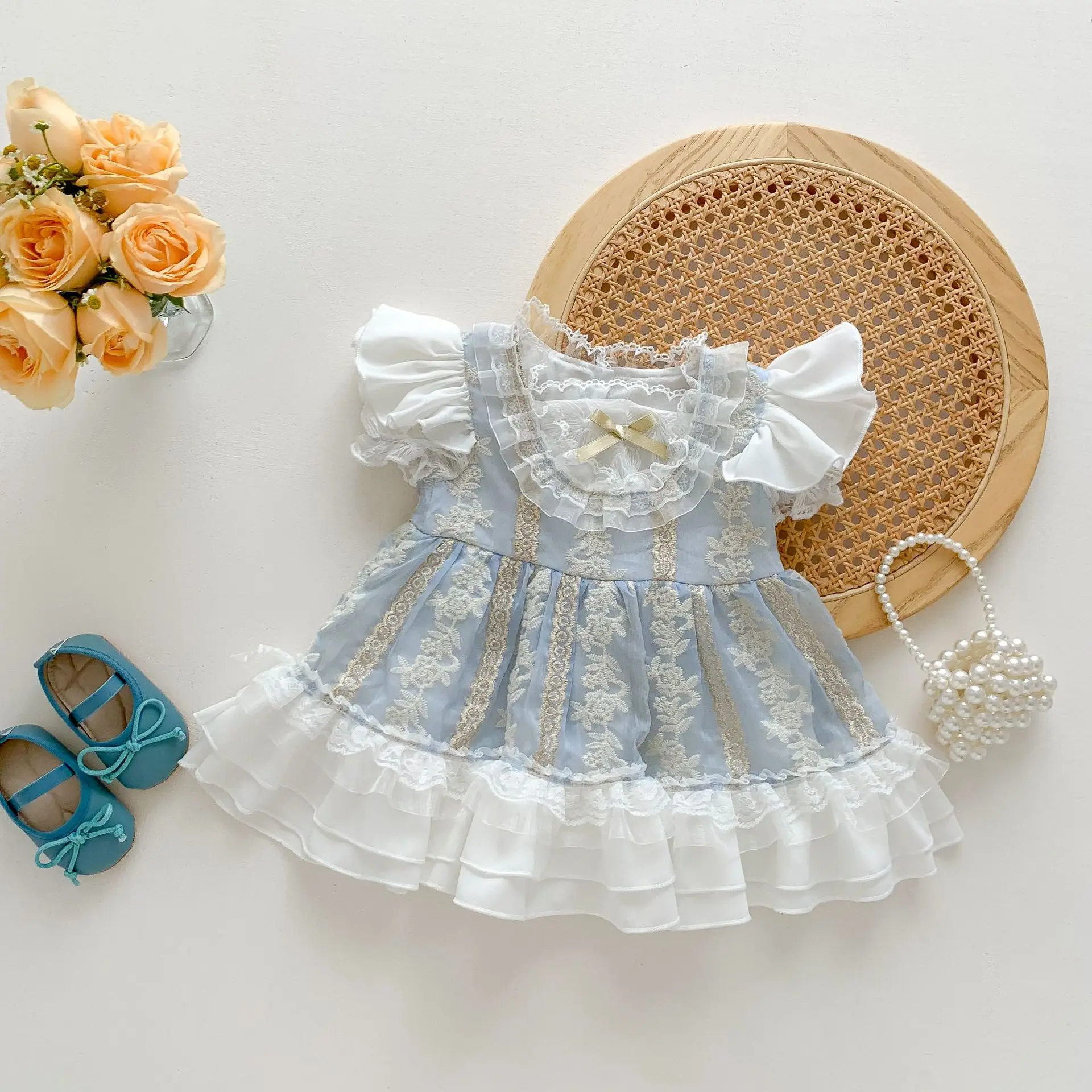 Girls Puff Sleeve Dress 2023New Summer Noble and Beautiful Lace Skirt Baby Girl Birthday Dress Mesh Princess Dresses for Girls