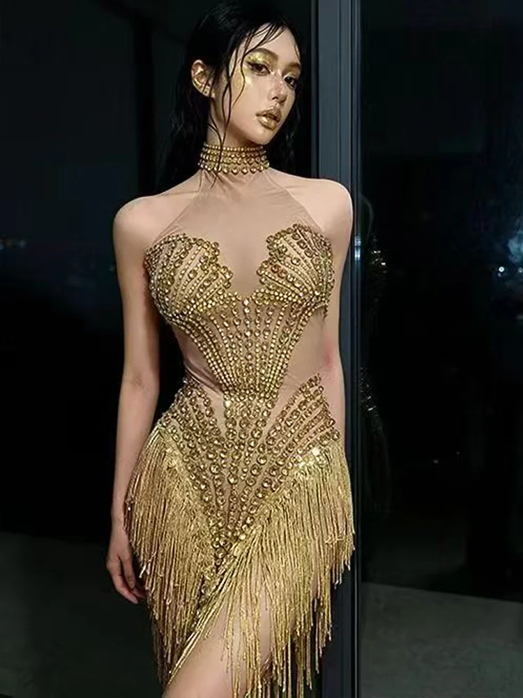 المرأة مثير شبكة مرصعة بأحجار الراين ارتداءها مرونة انظر من خلال ملهى ليلي ملابس الرقص حفلة عيد ميلاد أداء الزي #2