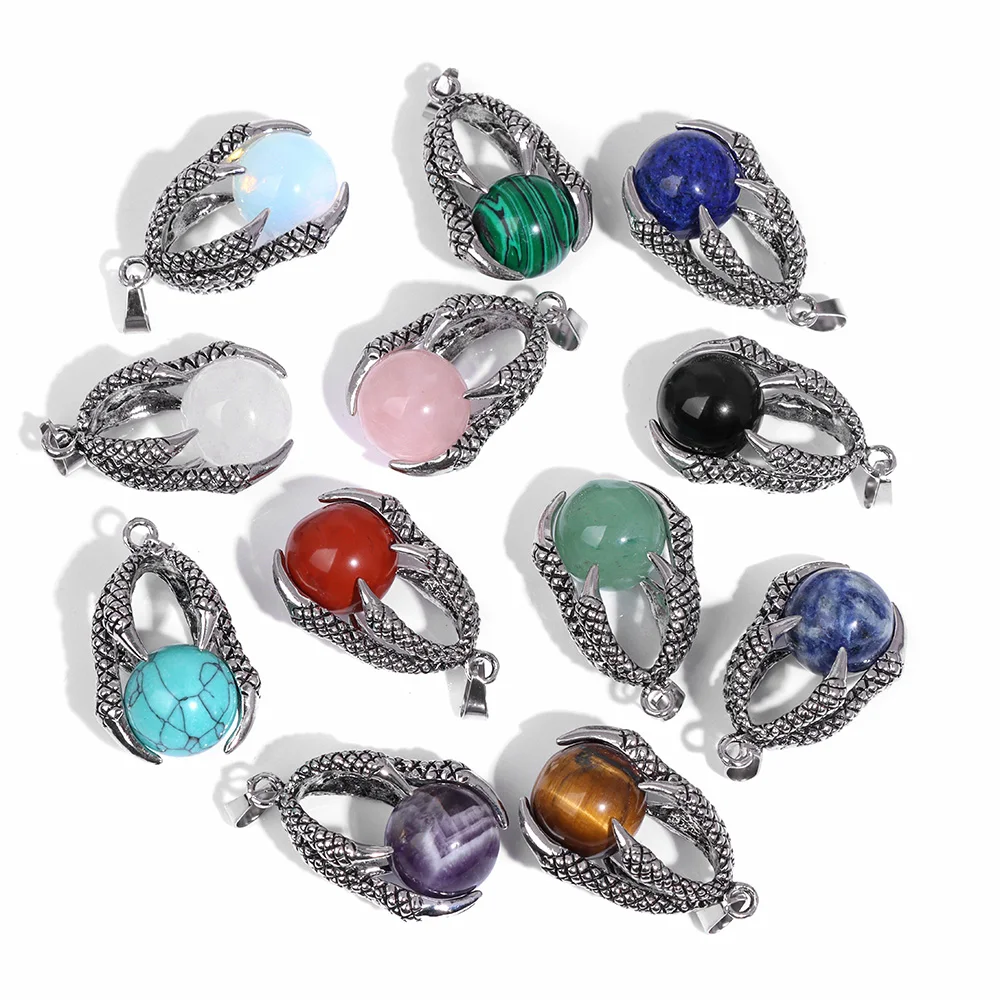 2pcs Punk Dragon Hand Shape Pendant Silver Color Hold Round Stone Gem Ball Necklaces Pendants For Making Men Jewelry Accessories view 4