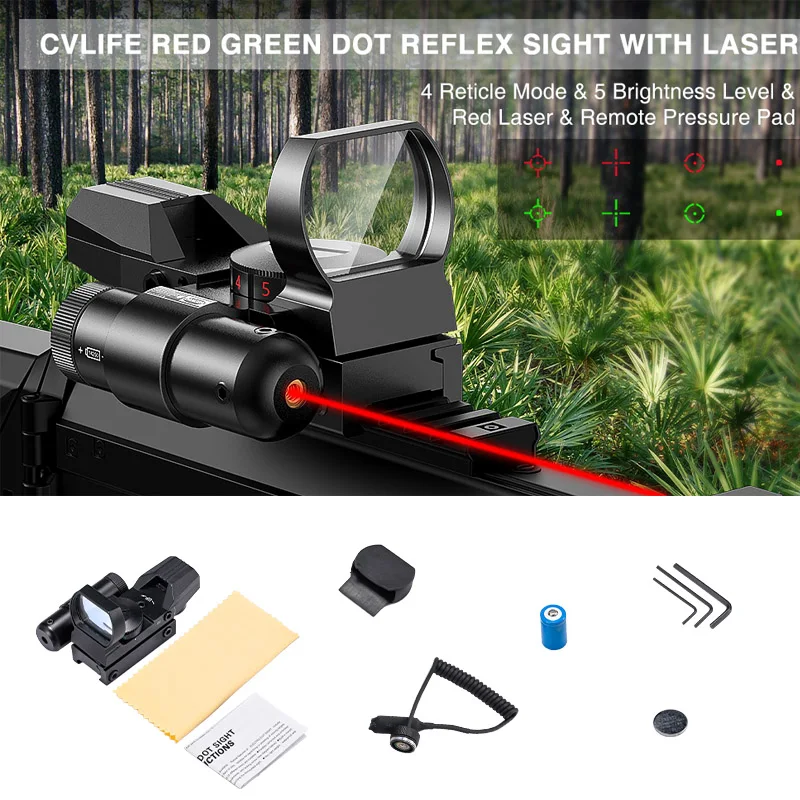 

CVLIFE 1X22X33 Red Dot Sight Red Green 4 Reticle Optics Reflex Sight with Laser and Pressure Pad Switch for 20mm Rail