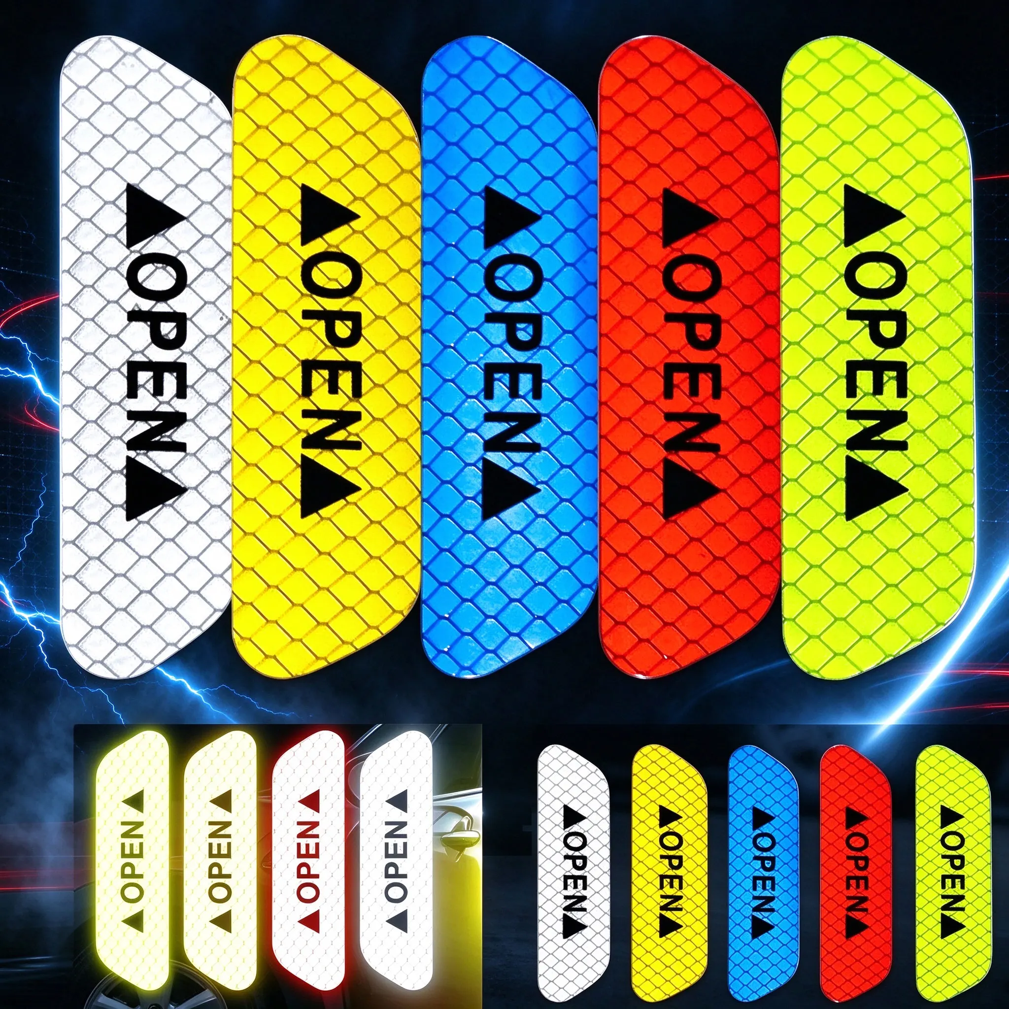 4Pcs/set Car Door Stickers Universal Safety Warning Mark OPEN High Reflective Tape Motorcycle Bike Helmet Sticker Strips