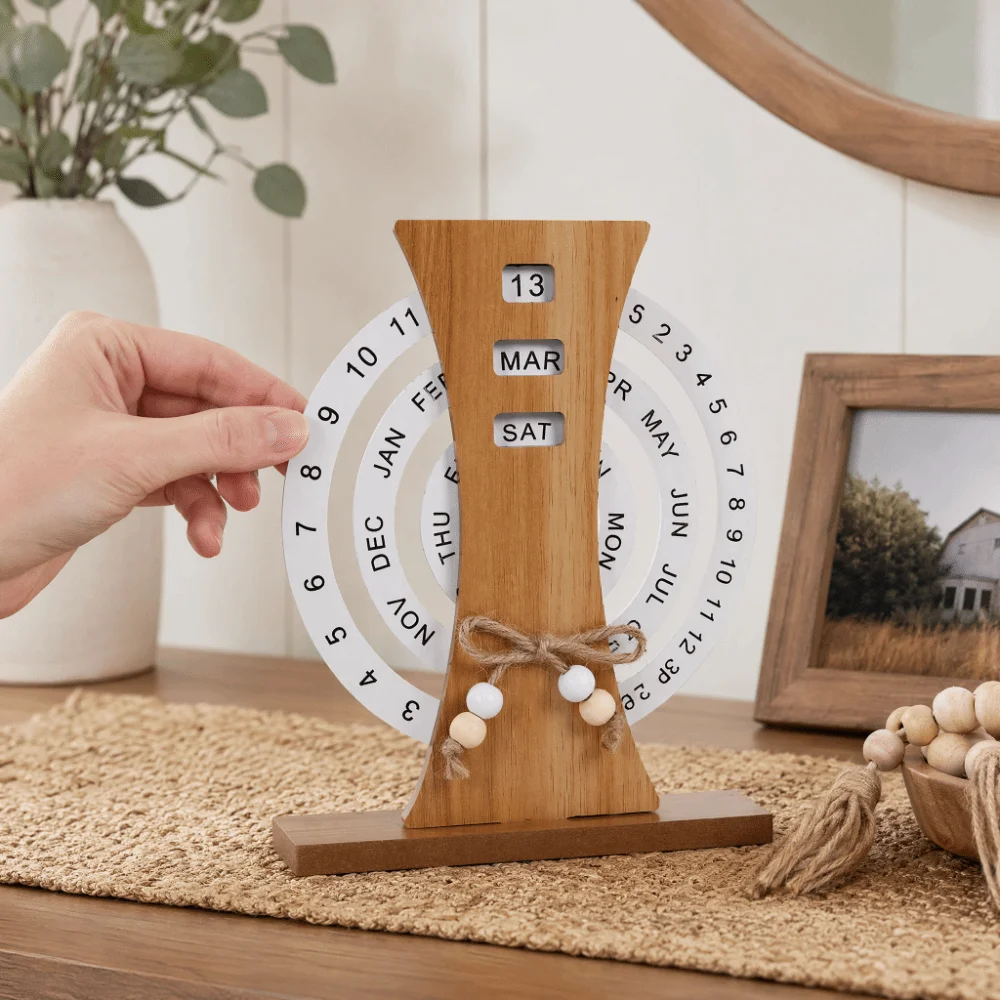 Wooden Rotatable Wooden Perpetual Desk Calendar Manual Twist Date Month Weekday Table Ornament
