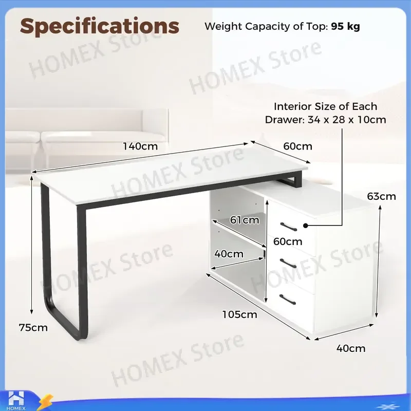 L Shaped Computer Desk Corner Gaming Desk with 3 Drawers White Executive Office Writing Table Modern Home Workstation