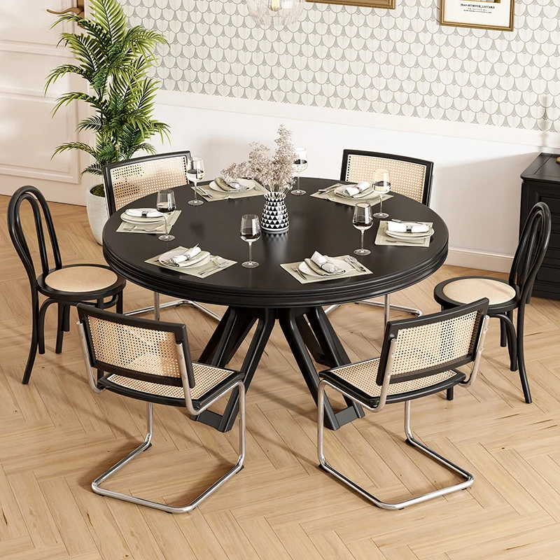 American style solid wood dining table, rattan weaving chair combination, modern and simple large round table