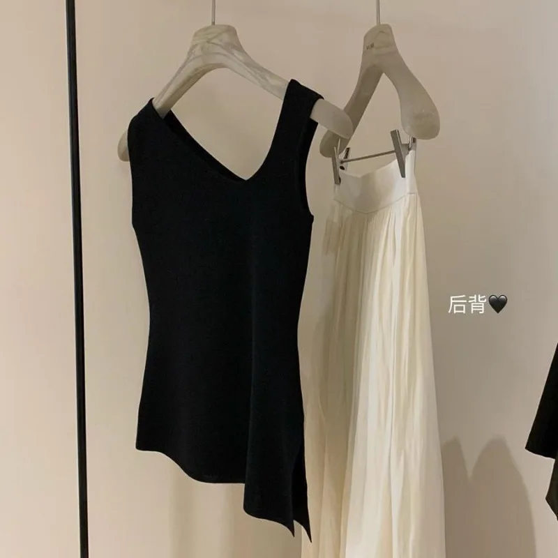 Femme 여름 한국 단순 모든 경기 유행 솔리드 컬러 오-넥 민소매 여성 의류 불규칙한 탱크 탑 카디건