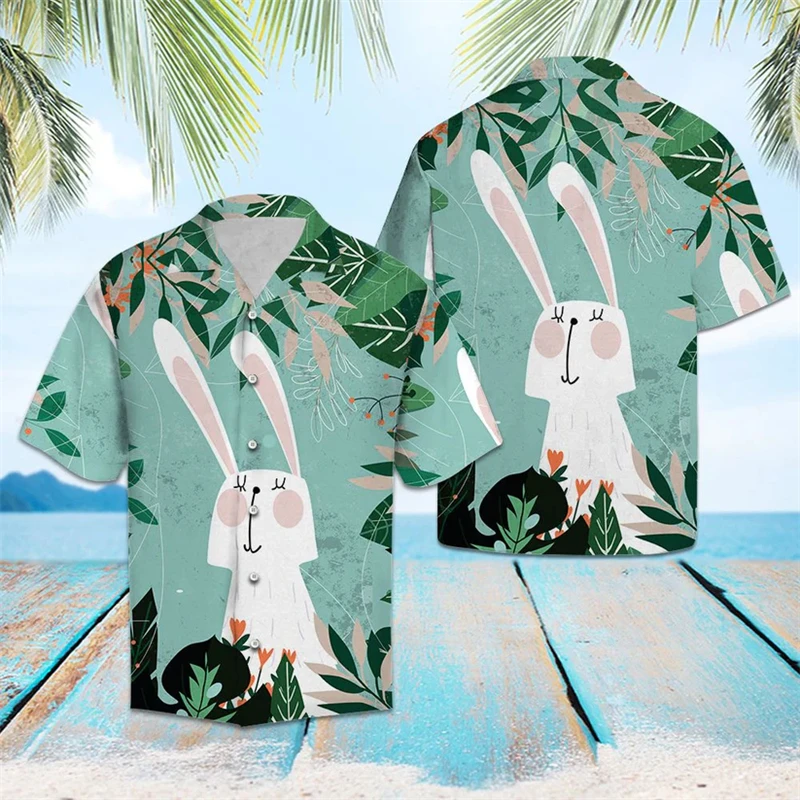 

Cute Rabbit Pattern Hawaiian Shirts Summer Casual Beach Vacation 3D Animal Printed Blouses Loose Breathable Lapel Unisex Shirt