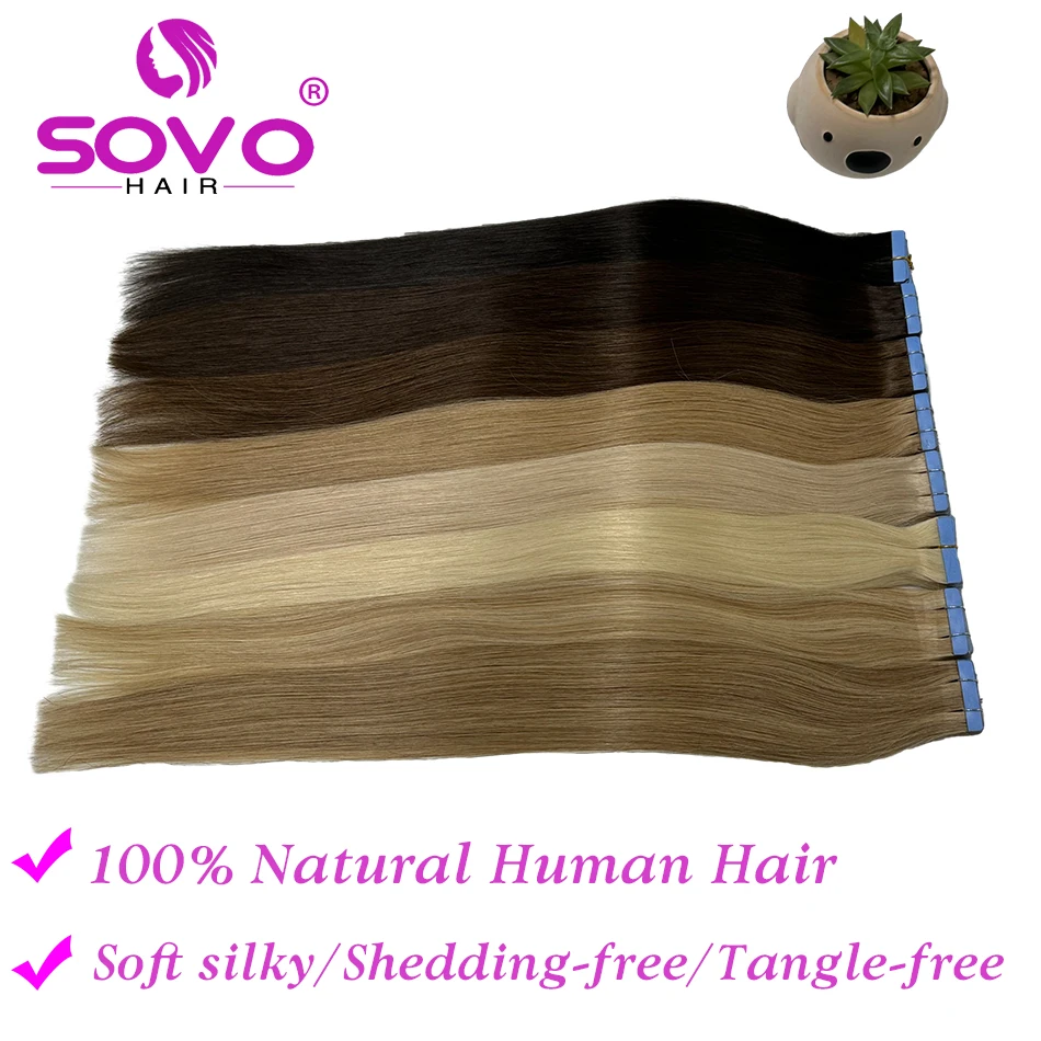 SOVO-Extensiones de Cabello 100% humano, cabello Natural Real, adhesivos de trama de piel rubia recta europea, extensión de cabello Remy