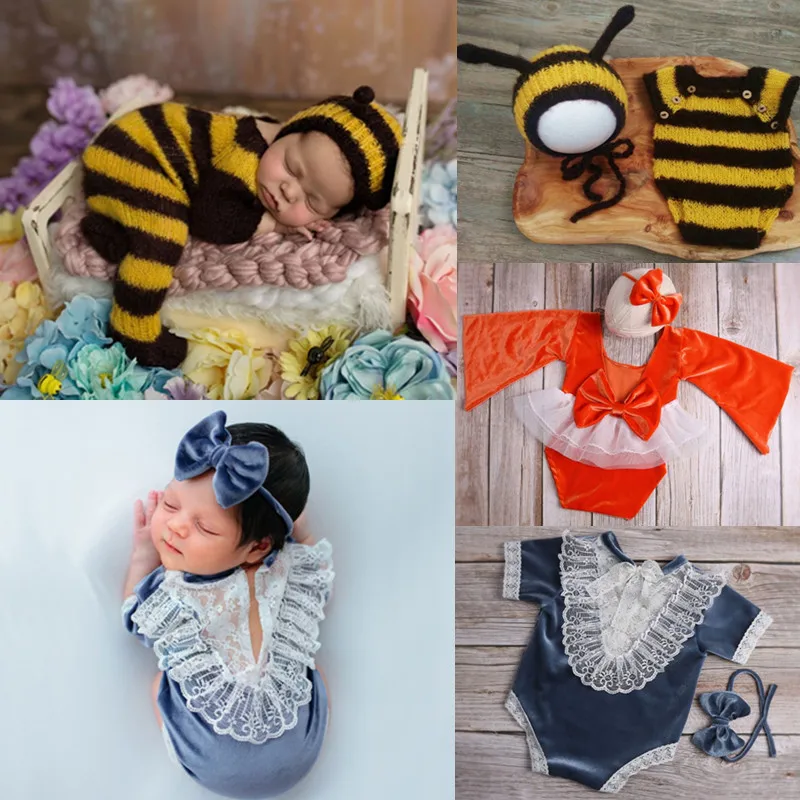 

1 Set Newborn Photography Props Clothes Baby Boys Girls Romper+Bow Headband Outfit handmade Infants Photo Shooting Costumes