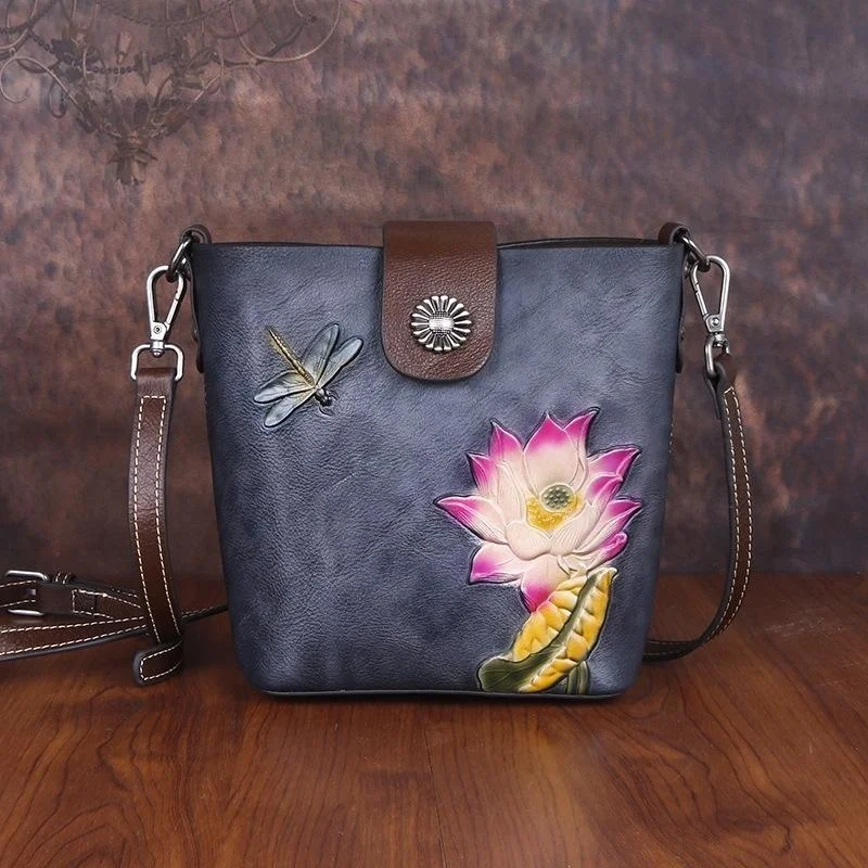 

Genuine Leather Women Crossbody Bags Handmade Relief Floral Small Woman Shoulder Bucket Bag Purses And Phone Bags Luxury