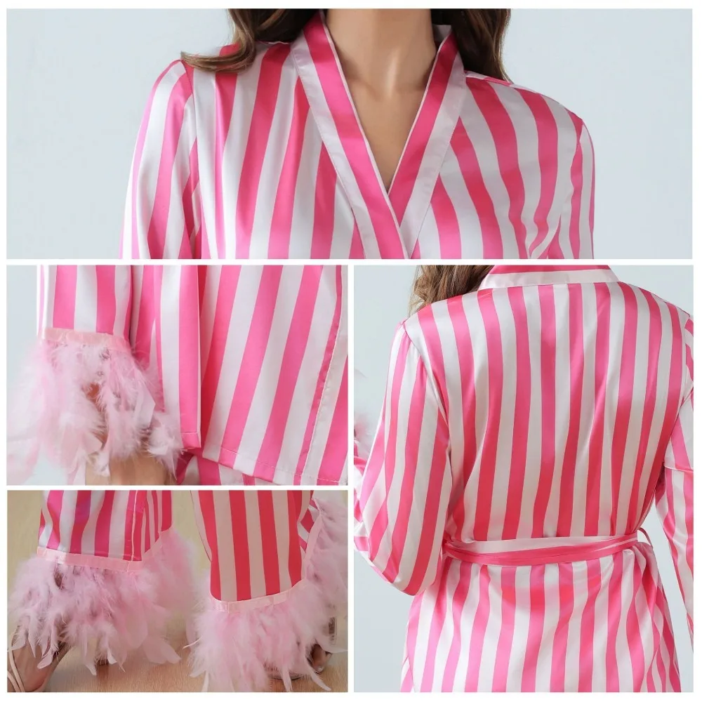 Spring Autumn New Feather Silk Satin Long-sleeved Trousers V-neck Pink White Striped Women's Loungewear Set 2 PCS Set