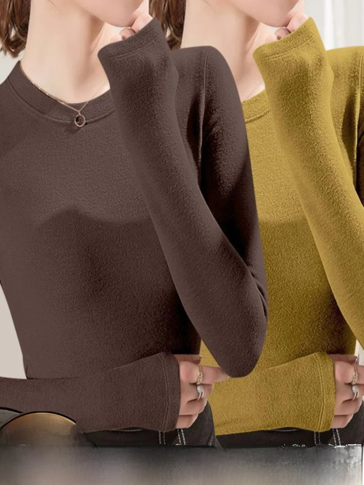 Double-Sided Velvet Long Sleeve round Neck Base Shirt Women's Top Commute Style Thickened Winter T-Shirt Single Two-Piece Set