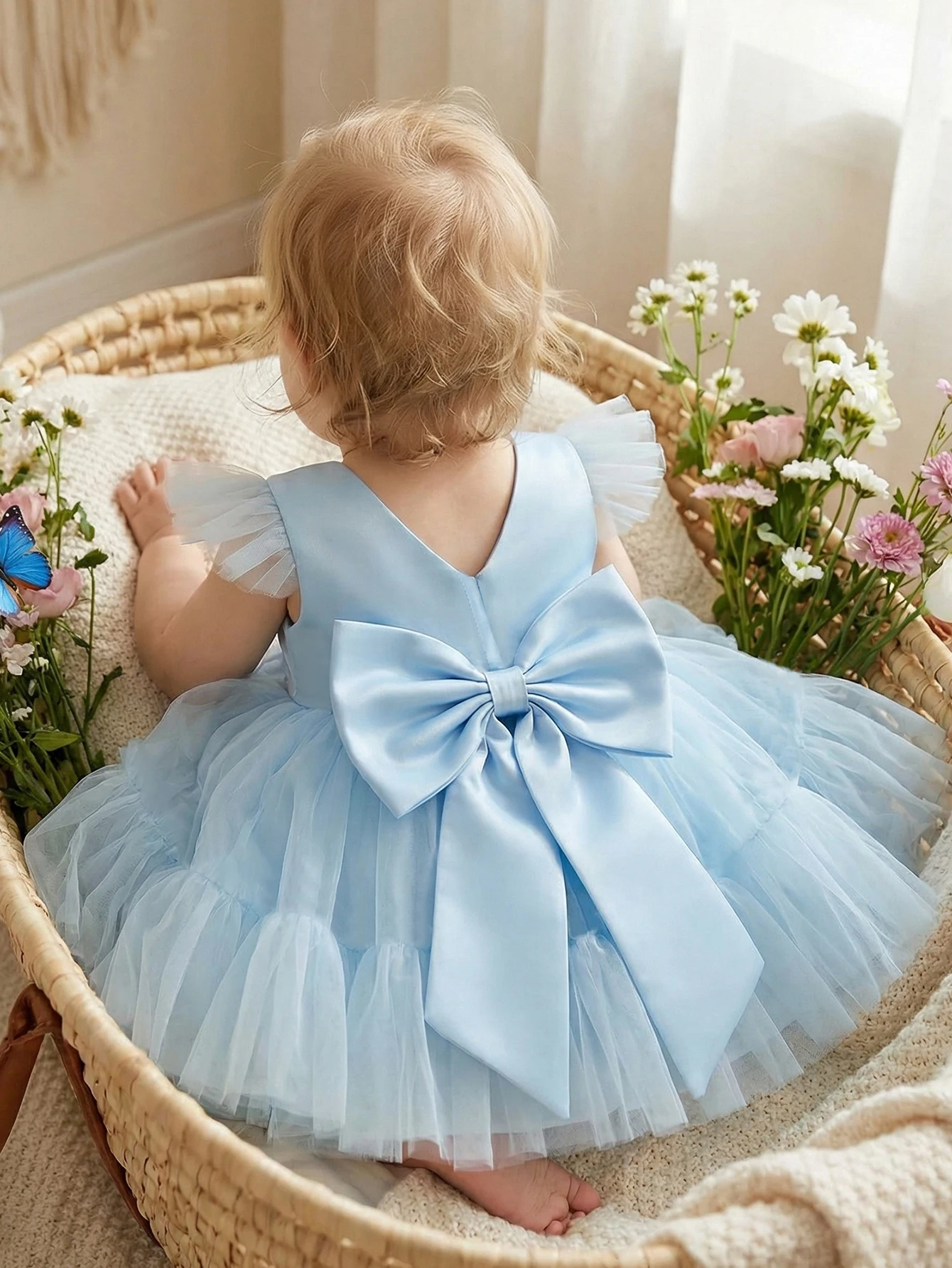 Baby Girls Blue Belt bow Decoration Wedding Season Party Dress Fluffy Netted Dress Evening Gown Birthday Party Ball Event