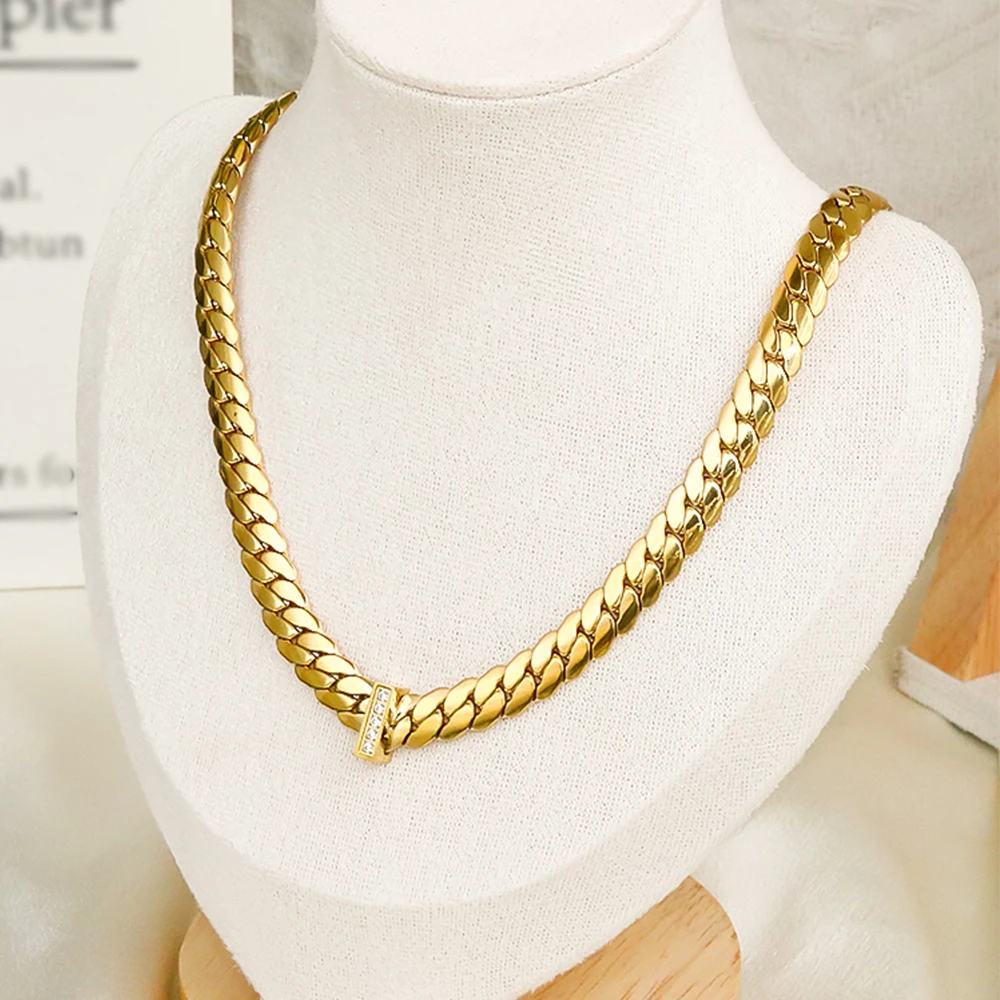 Waterproof Stainless Steel Golden Color Chain Necklace For Women Men Europe And America Exquisite Inlaid Zirconia Cuban Jewelry