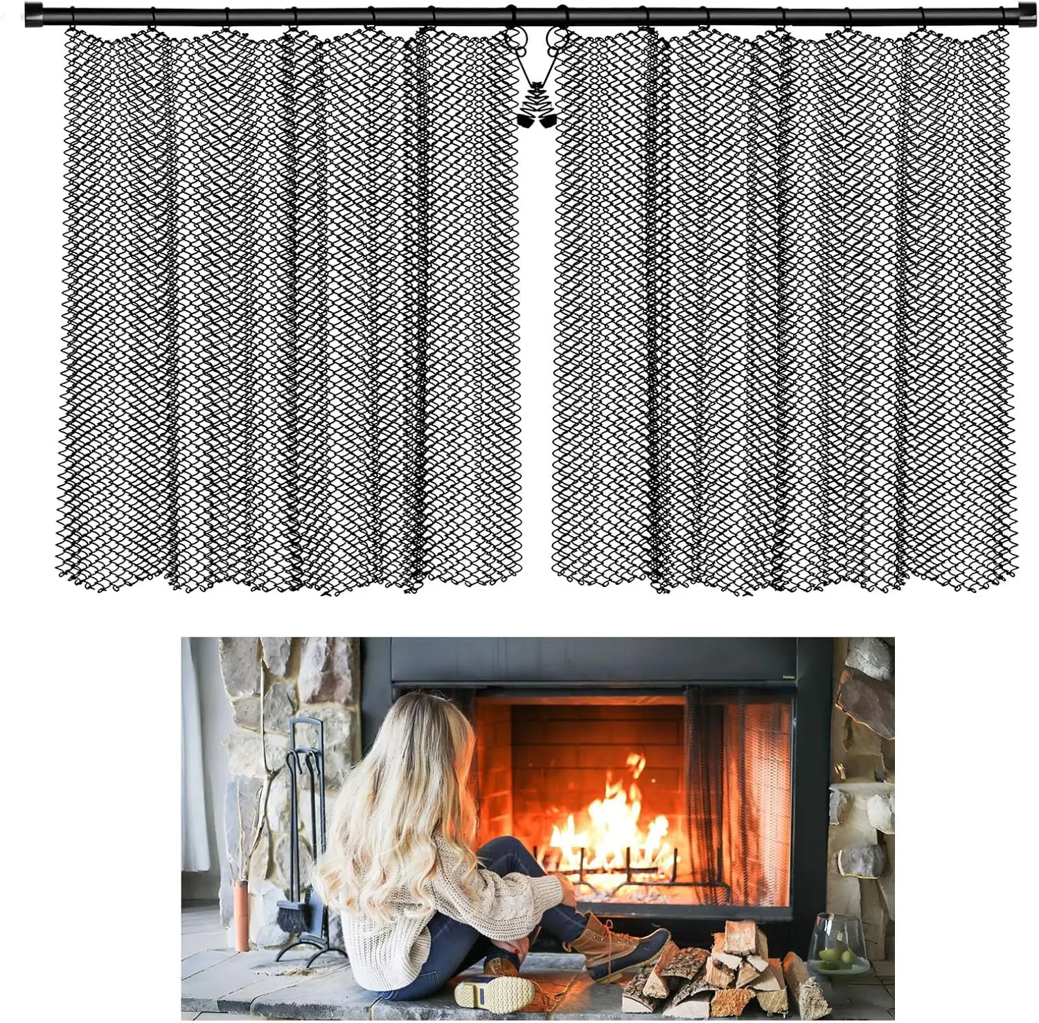

20"×27.5" Mesh Fireplace Screen Curtain KitAdjustable Rod Included