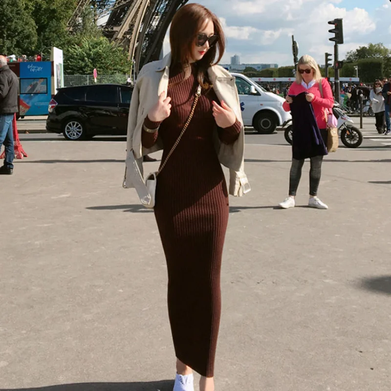 Korean version knitted skirt dress long slim thickening bottoming sweater women's winter sweater skirt long over the knee autumn