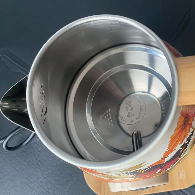 1.7L Retro Paint Decal Electric Kettle Wood Grain Handle 304 Stainless Steel Temperature Control Teapot Auto Keep Warm Kettle 2