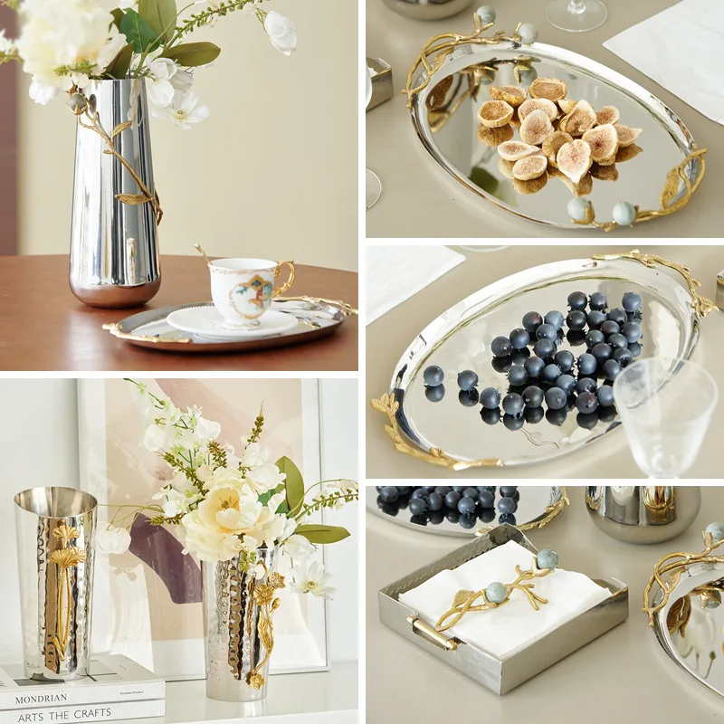 Light Luxury Decorations Stainless Steel Silver Oval Long Tray Ginkgo Biloba Branch Leaf Handle Kettle Vase Napkin Rack Ornament