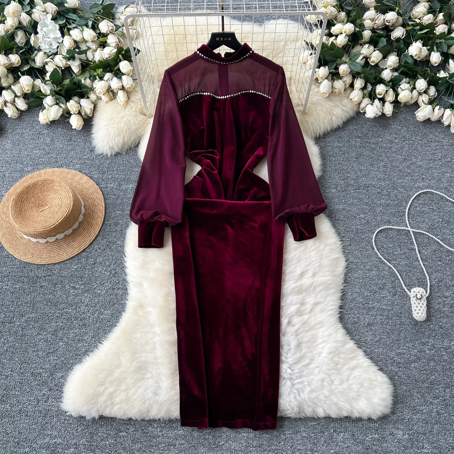 Elegant Stand Collar Vintage Rhinestone Chic Split Slim Mesh Spliced Velvet Dresses French Evening High Street Autumn Clothing