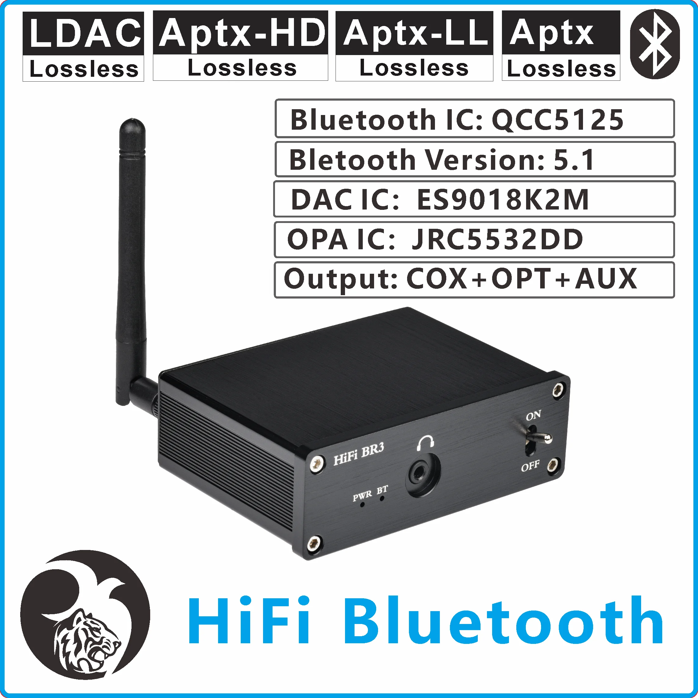 

Аудиоресивер RCA, Bluetooth, 3,5 мм jack, Hi-Fi, lossless, 5.0, Aptx, CSR8675, ES9018K2M, декодер
