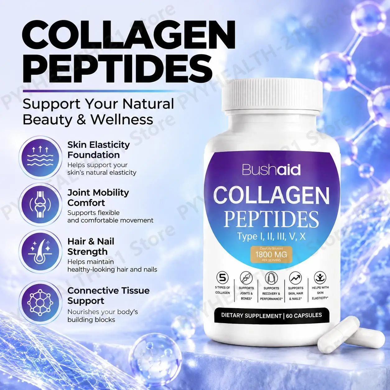 Collagen Peptides Capsules Promote Skin Elasticity & Joint Comfort & Hair Nail Strength & Connective Tissue Health 60 Capsules