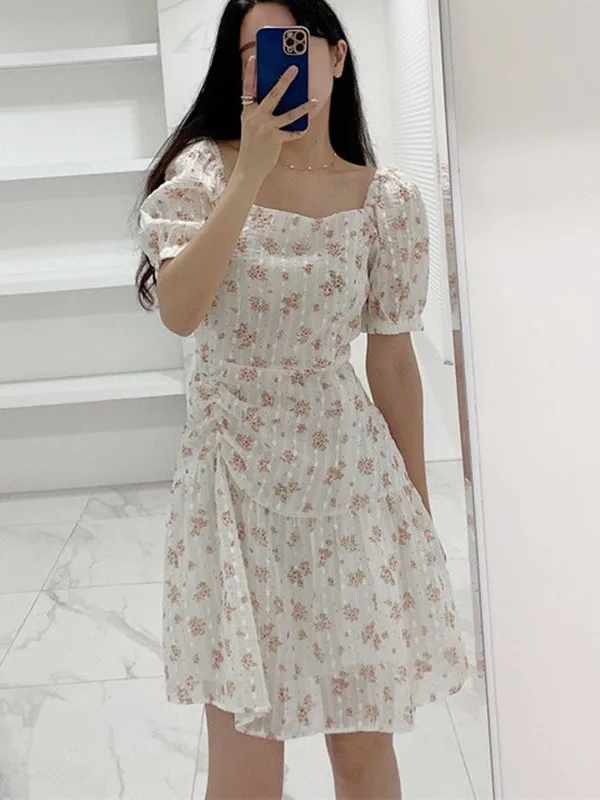 Summer New Style Dongda Gate Floral Print Short Dress Women's Fashion Bubble Sleeve Square Collar Slimming Dress for Women