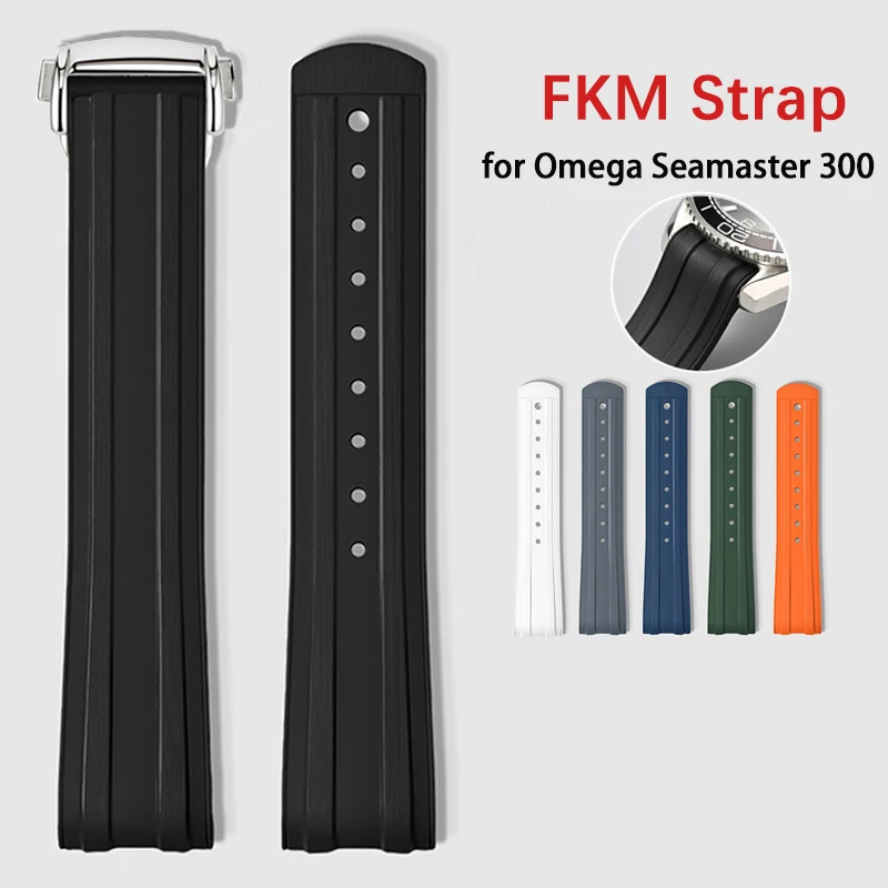Fluoro Rubber Watch Strap 20mm for Omega Seamaster 300 Curved End Sport Waterproof Diving FKM Men Replace Watch Band Bracelet