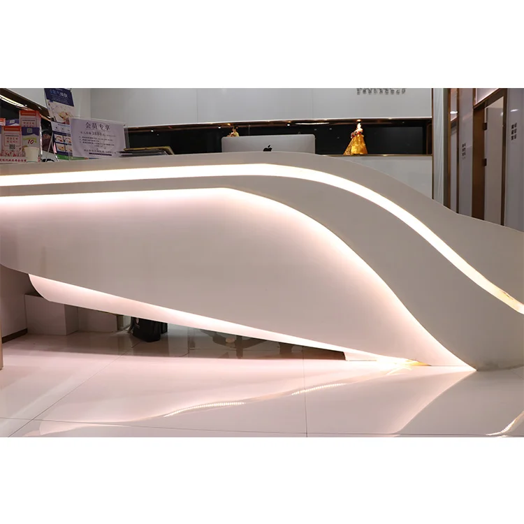 Customized.Duponts Corians Custom Made White Salon Reception Counter Front Led Light Curved Reception Desks