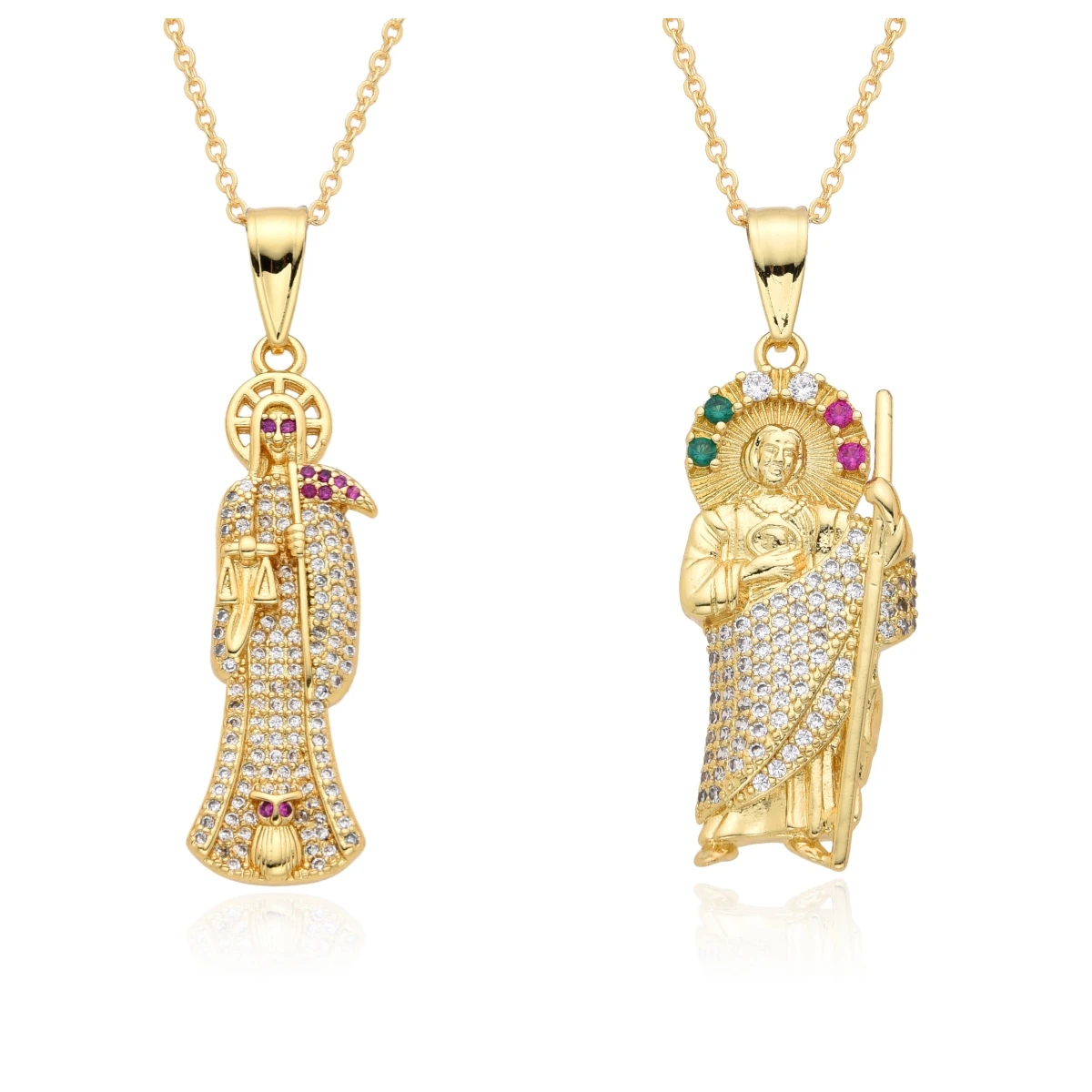 Gold Color Santa Muerte San Judas Charms Cubic Zirconia Death Grim Reaper St. Jude Necklace CZ Choker Chain Pendant DIY Jewelry