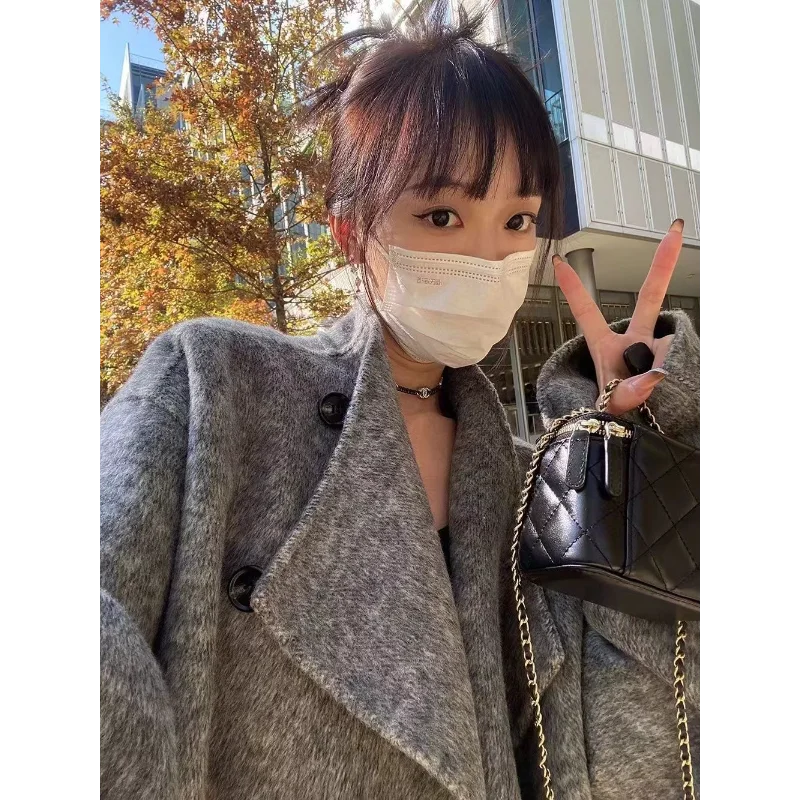 Gray Short Wool Coat Loose Lapel Wool Coat Top