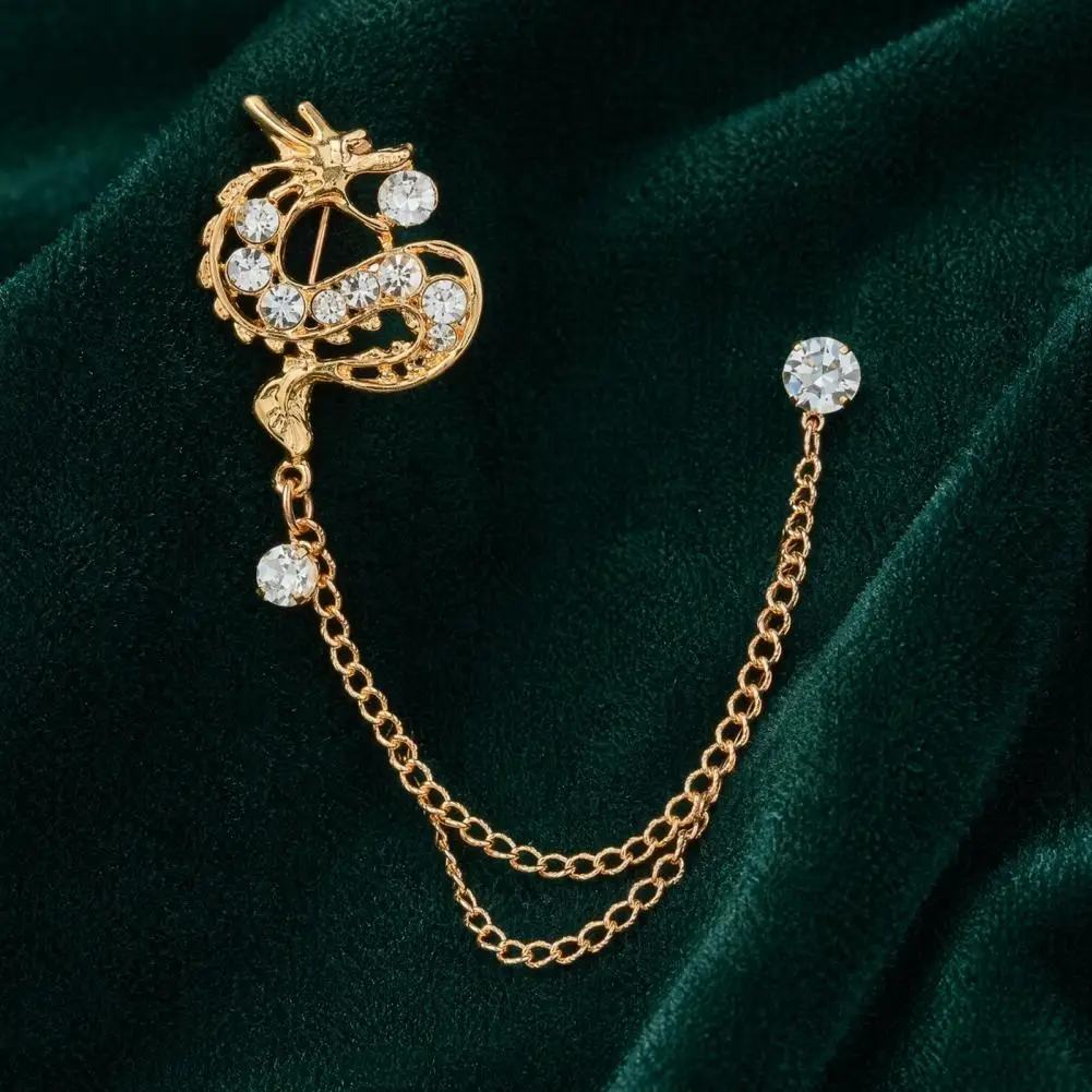 Dragon Suit Brooch For Men Women, Luxurious Double-Layer Chain Rhinestone Collar Pin, Elegant Formal Business Banquet Accessory