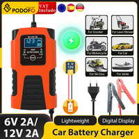 Podofo Fully Automatic 6V 2A / 12V 2A 3-Stage LCD Display Car Motorcycle Battery Charger For Lead-Acid GEL Wet Calcium