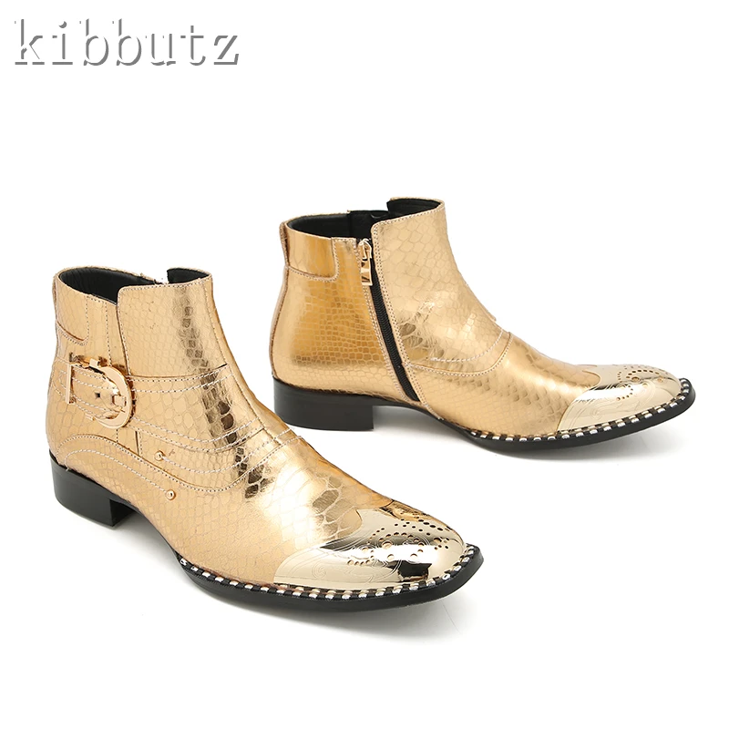 Men Ankle Boots Gold Genuine Leather Chelsea Shoes Snake Skin Rivet Metal Buckle Banquet and Wedding Formal Dress Boots