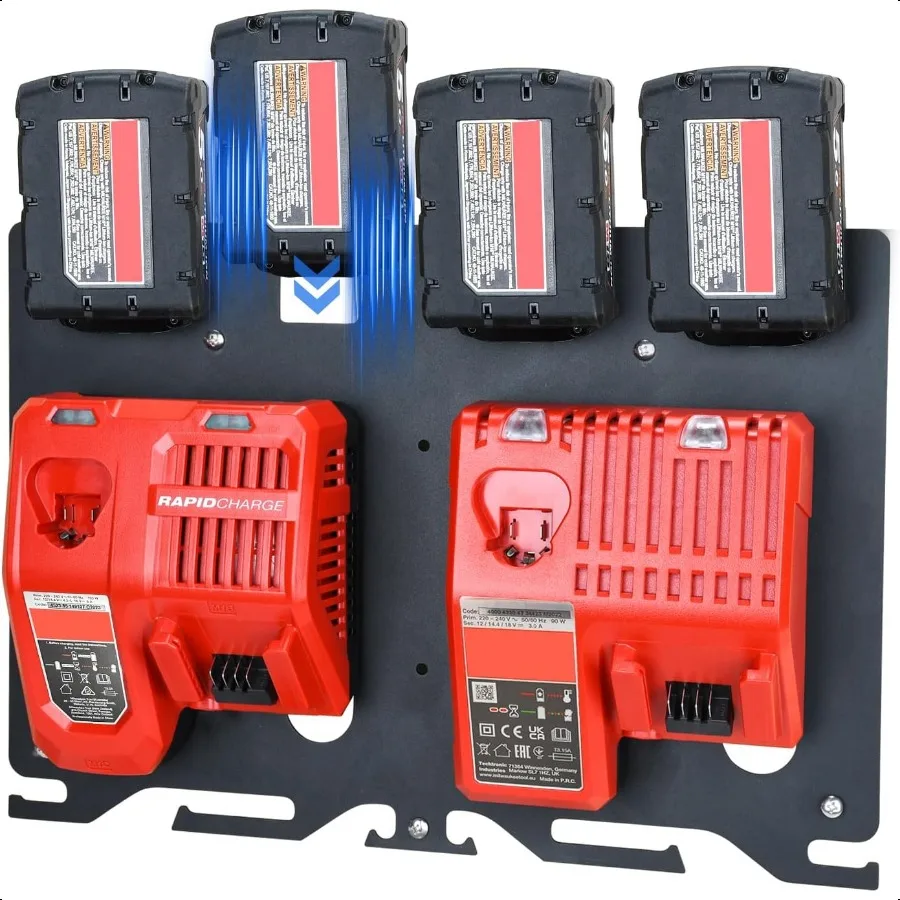 

3in1 Metal Wall Mount for Milwaukee Chargers Batteries Drills Storage Rack for 4x 18V Battery Packs Bracket Holder for 2x M1218